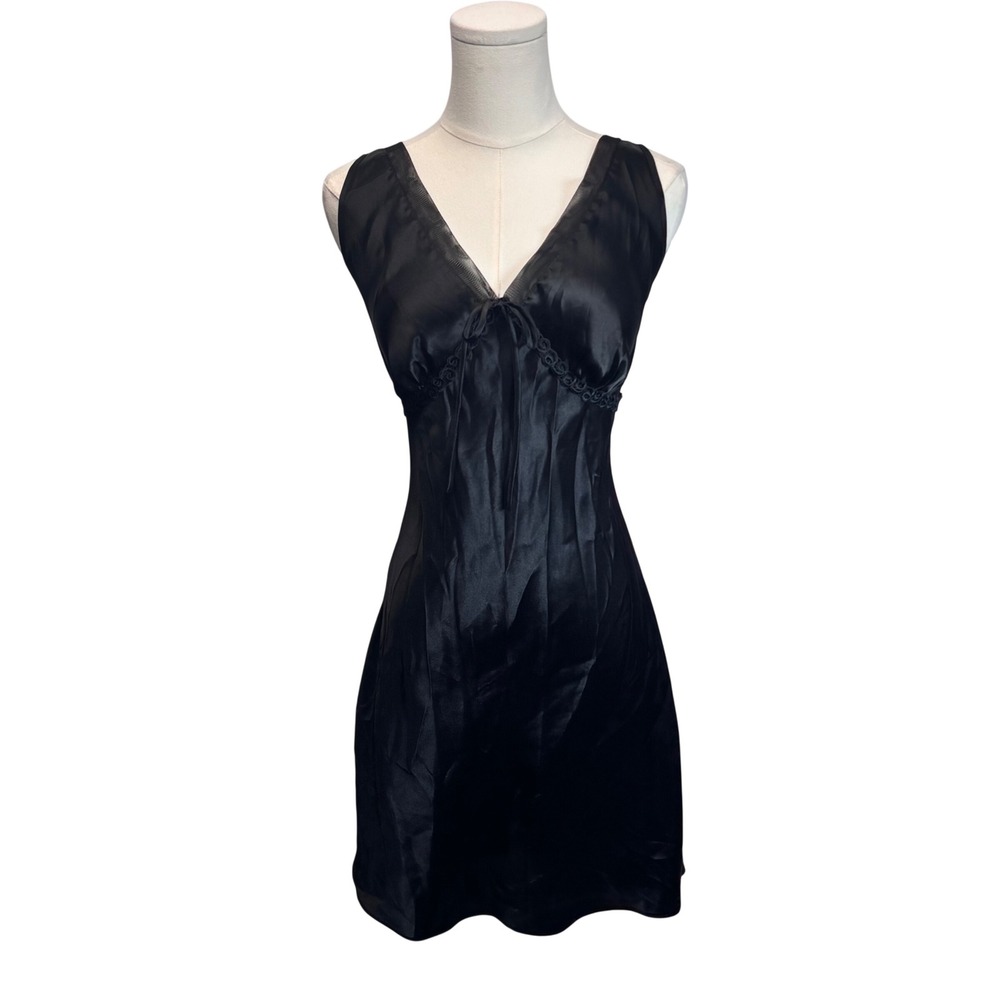 VTG Babydoll‎ Slip Dress Sears Chemise Black Satin Lace Bow Lingerie Medium